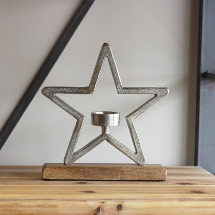 Star On Wood Base T-light Holder, 25cm