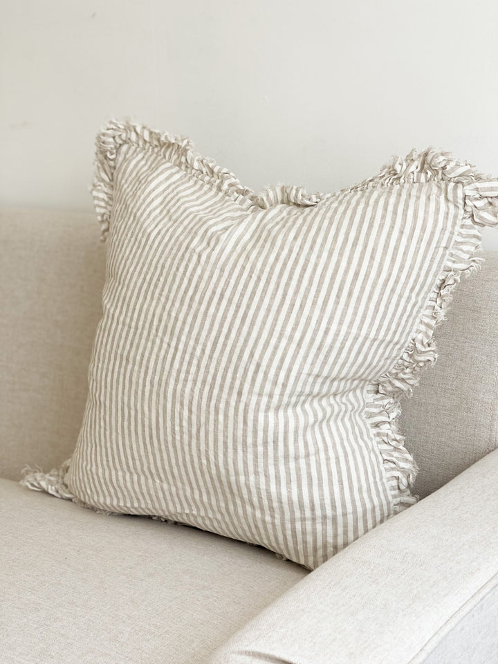 Ruffled Linen Cushion Cover 55cm×55cm – Beige Stripe