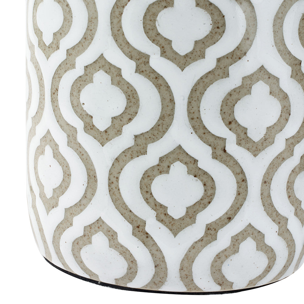 Celia Taupe and White Pattern Ceramic Table Lamp with Harry 30cm Ivory Poly Cotton Cylinder Drum Shade