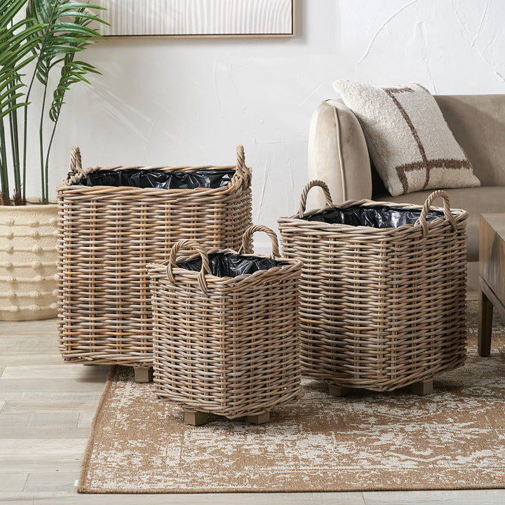 Tobs Set of 3 Indoor Outdoor Grey Kubu Rattan Square Basket Planters with Handles
