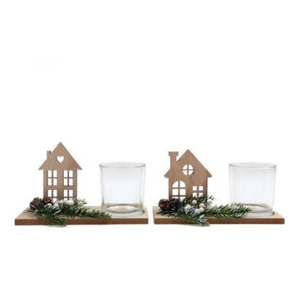 Heart Xmas House & Foliage W/t-light Holder