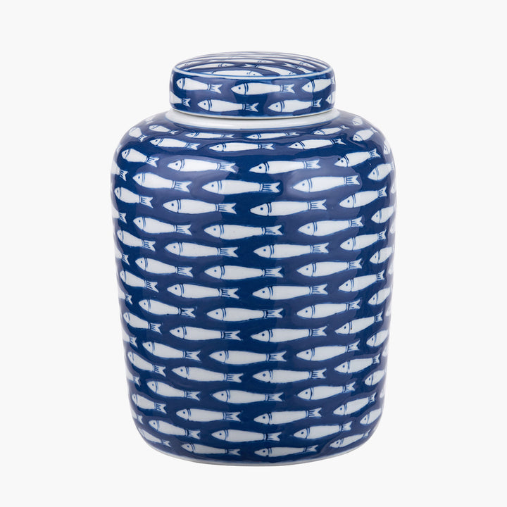 Schoal Blue and White Ceramic Fish Detail Lidded Ginger Jar