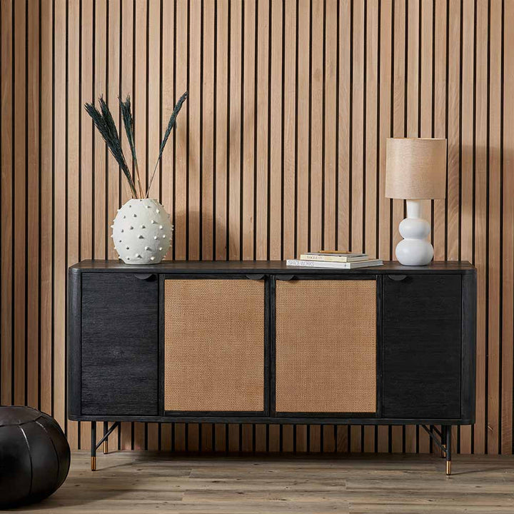 Fiji Black Acacia Wood and Natural Rattan 4 Door Sideboard