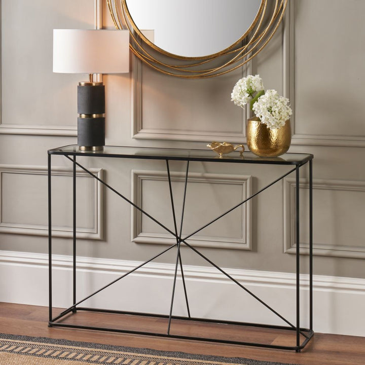 Roxy Glass and Black Metal Console Table