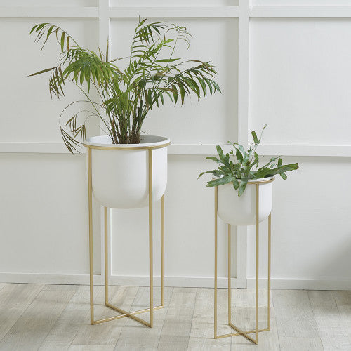 S/2 White and Gold Metal Planters