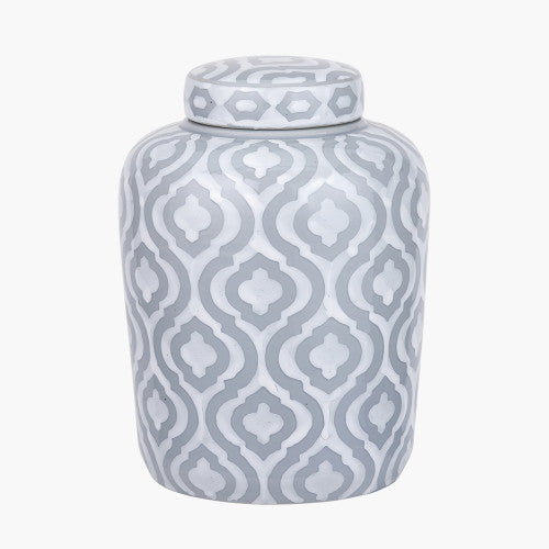 Celia Grey and White Ceramic Geo Pattern Lidded Ginger Jar