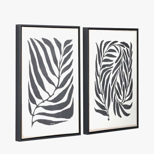 S/2 Black Leaf Print Canvases with Black Frames