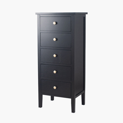 Chelmsford Satin Black Pine Wood 5 Drawer Tall Boy