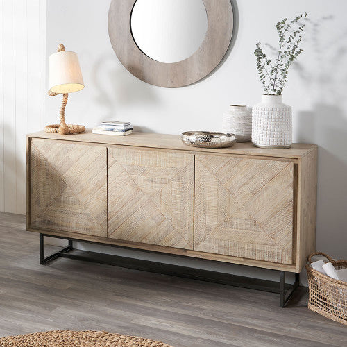 Marca Sand Wash Acacia Wood and Black Metal 3 Door Sideboard