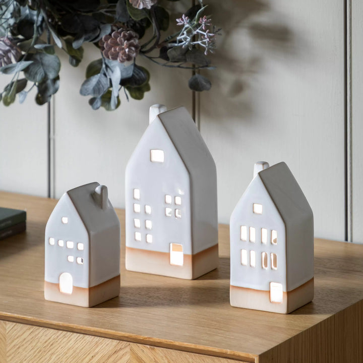 Set Of 3 White Ceramic Tealight Houses