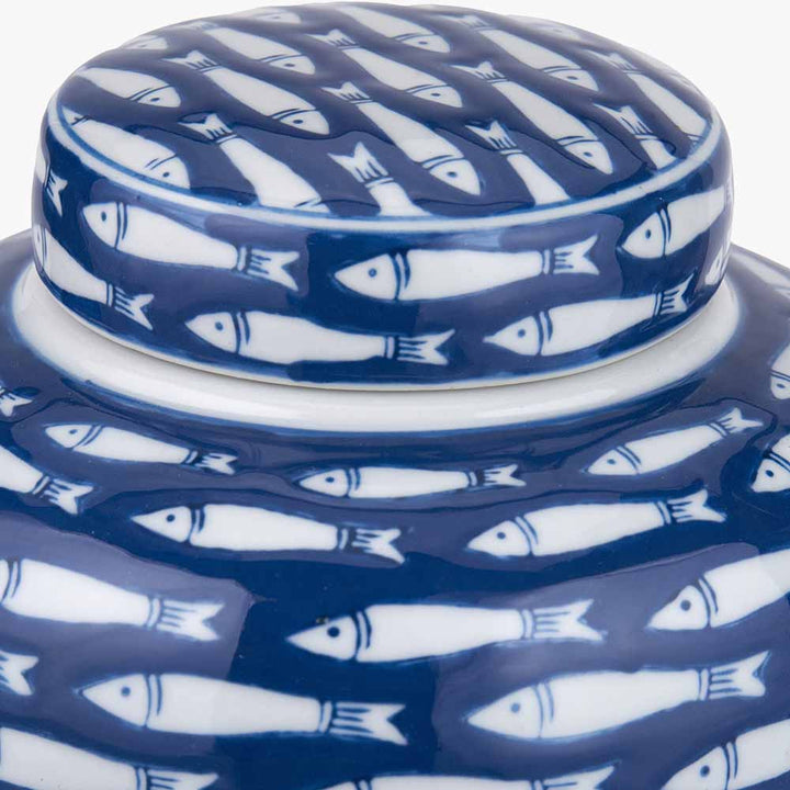 Schoal Blue and White Ceramic Fish Detail Lidded Ginger Jar