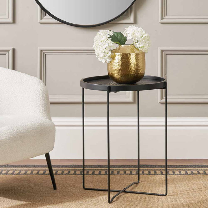 Voss Black Wood Veneer and Black Metal Side Table