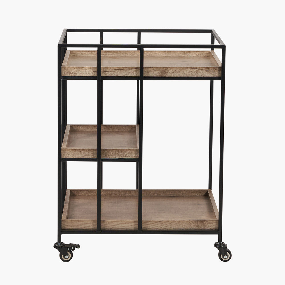 Gallery Natural Wood Veneer and Black Metal Bar Trolley