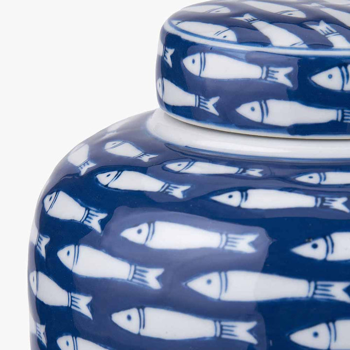 Schoal Blue and White Ceramic Fish Detail Lidded Ginger Jar