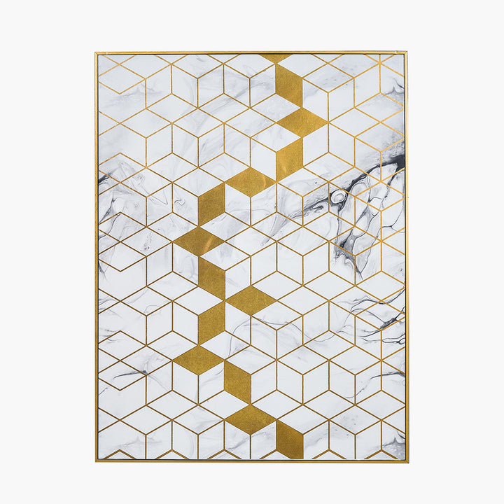 White and Grey Marble Effect and Gold Geo Pattern Canvas