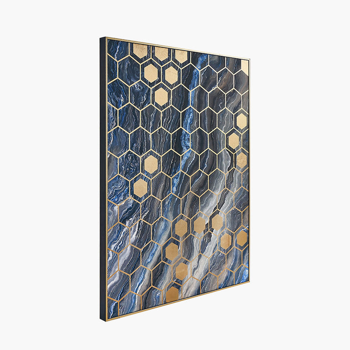 Black and Blue Marble Effect and Gold Geo Pattern Canvas