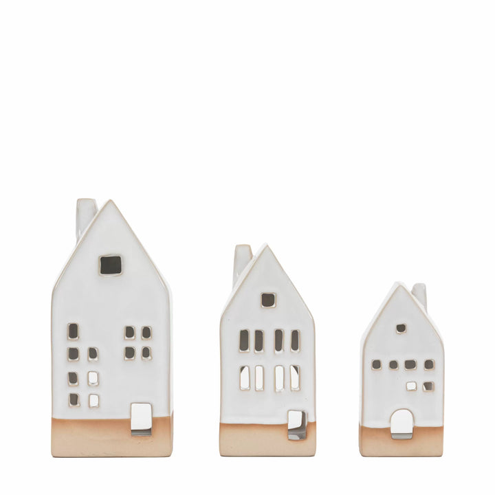 Set Of 3 White Ceramic Tealight Houses