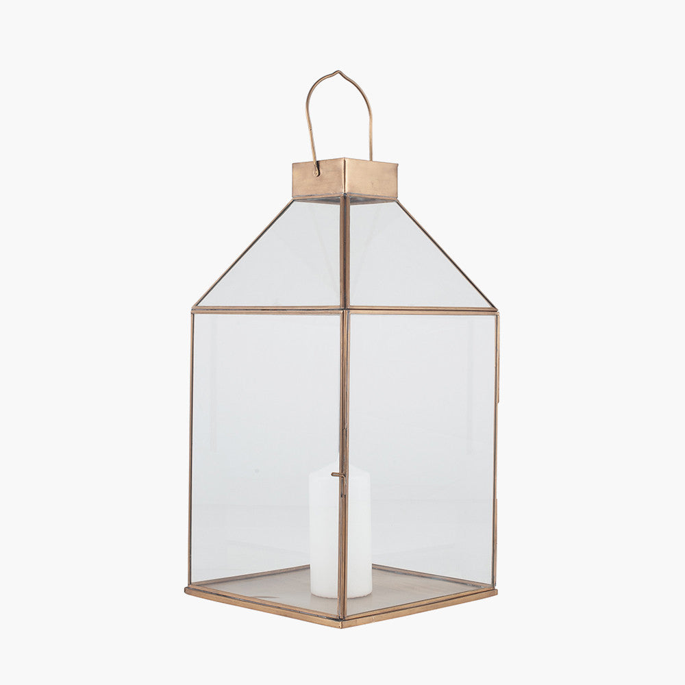 Shiny Brass Metal and Glass Square Lantern 49cm