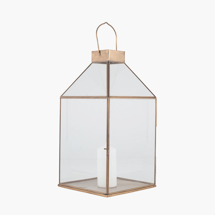 Shiny Brass Metal and Glass Square Lantern 49cm