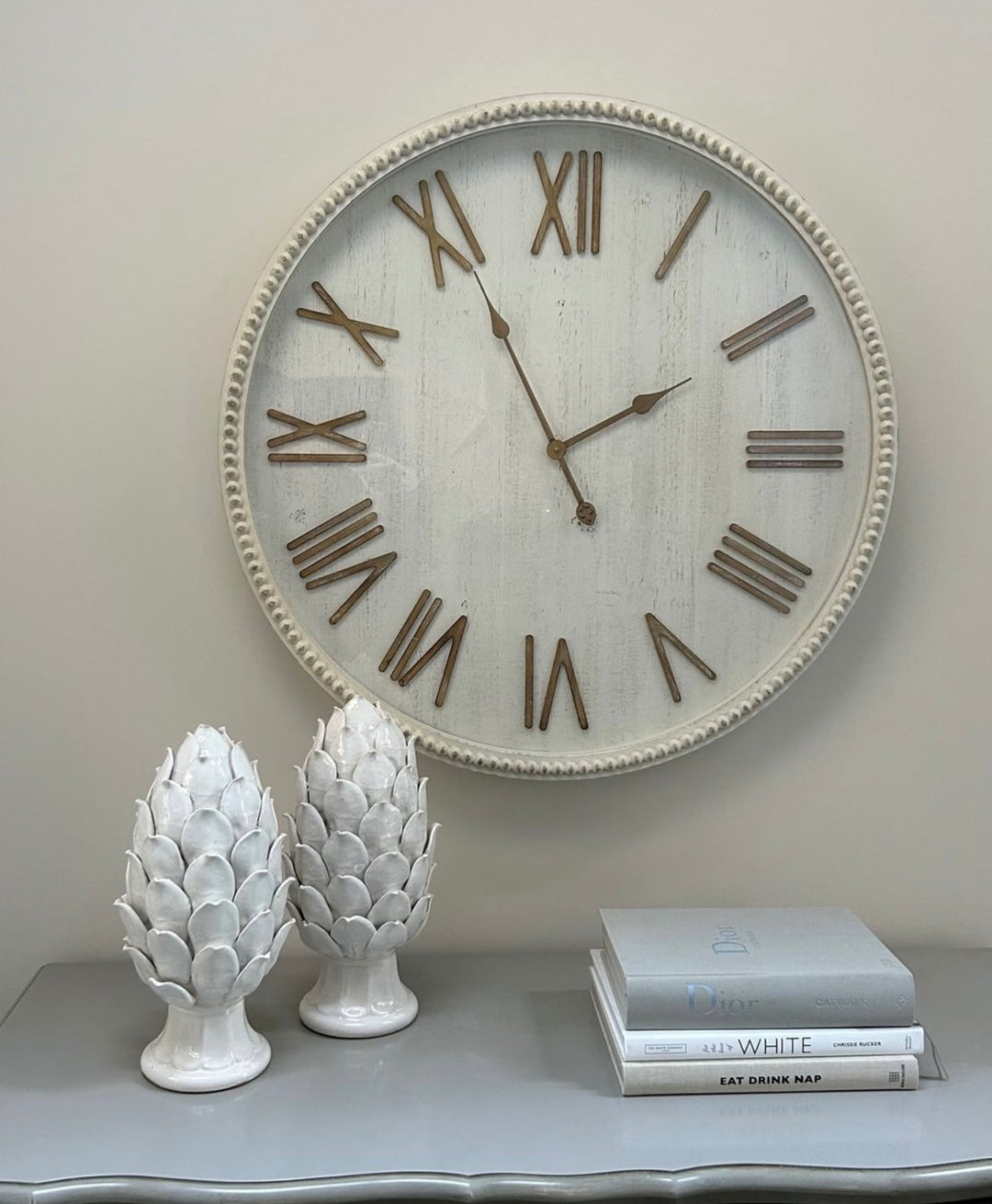 Rustic White Large Clock  With Beaded Frame