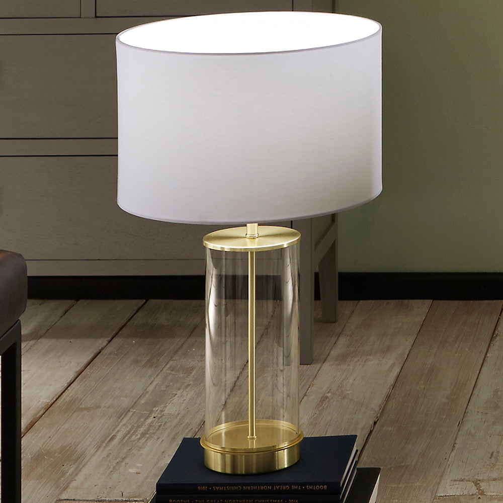 Westwood Clear Glass and Champagne Metal Table Lamp with Harry 35cm Ivory Poly Cotton Cylinder Drum Shade