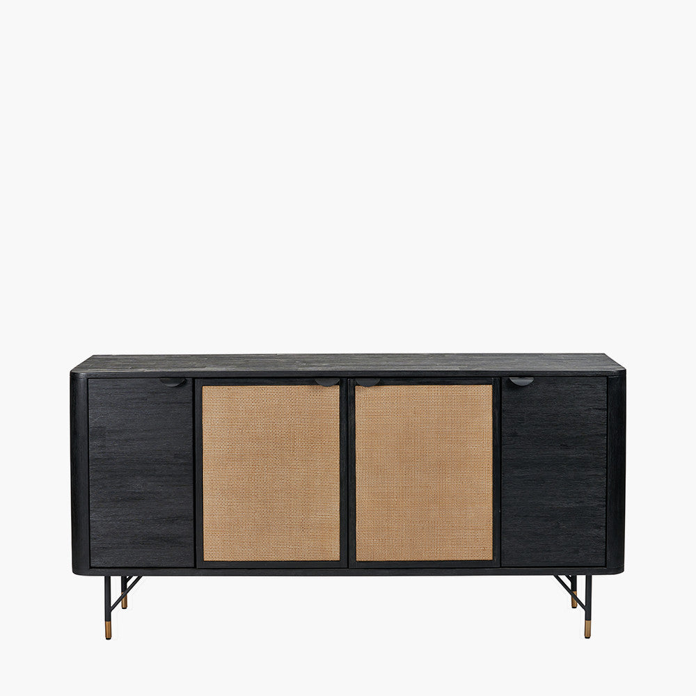 Fiji Black Acacia Wood and Natural Rattan 4 Door Sideboard