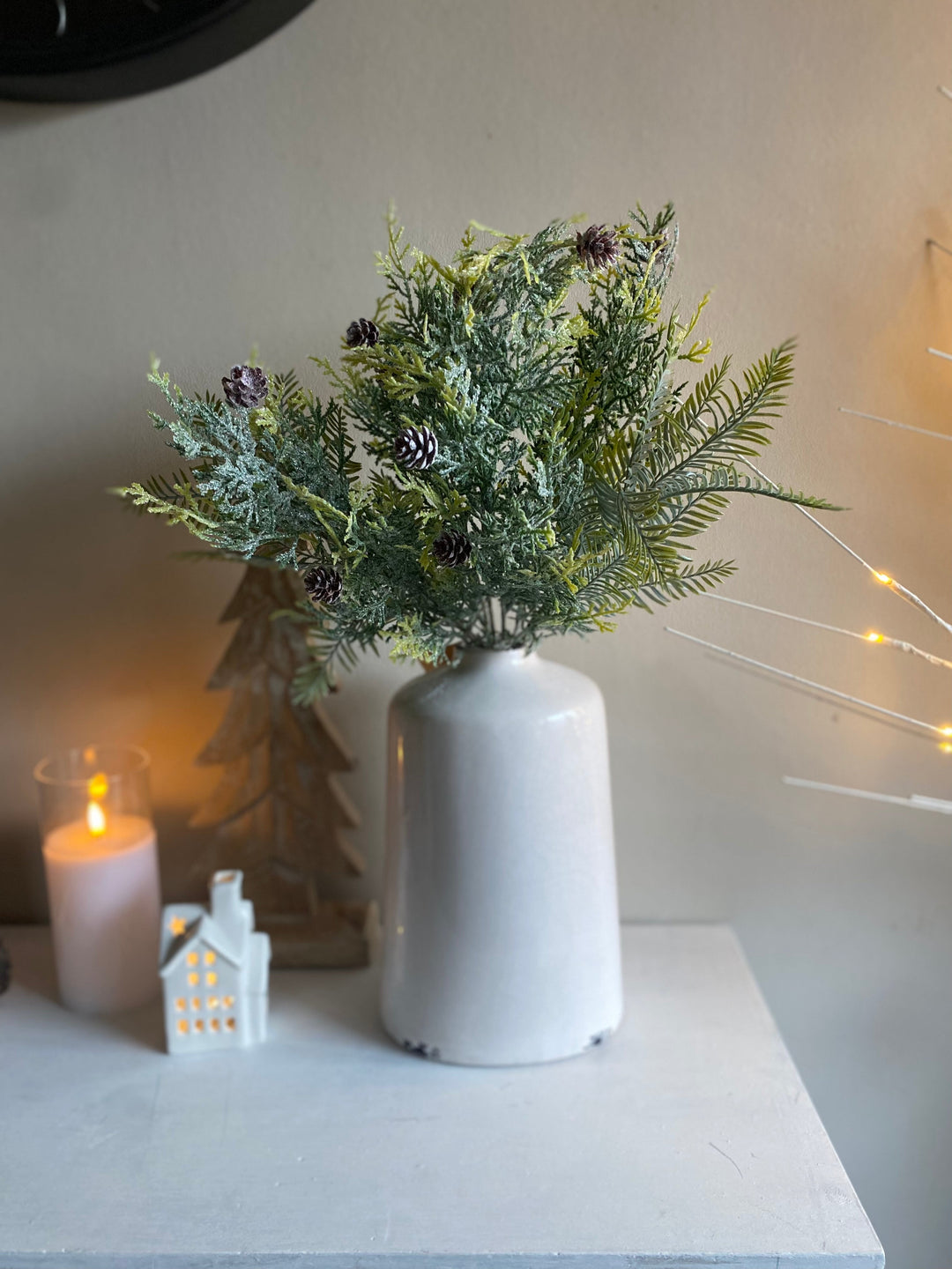 Frosted Pine Spray Stem With Pinecones