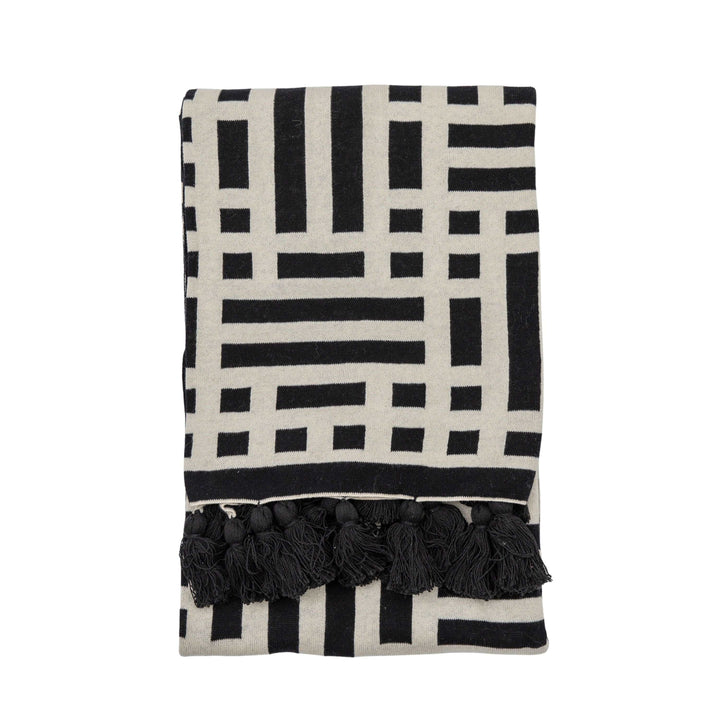 Black And Cream Knitted Tassel Throw