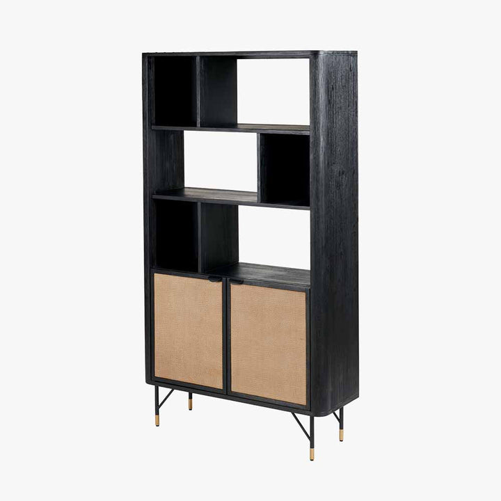 Fiji Black Acacia Wood and Natural Rattan 2 Door 6 Niche Shelf Unit