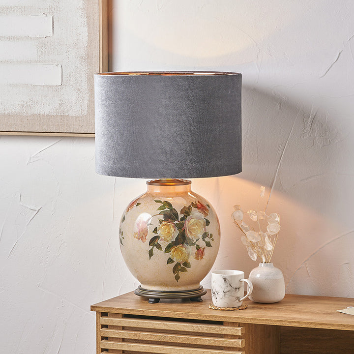 Classic Rose Large Glass Table Lamp Base with Bow 40cm Slate Velvet Cylinder Lampshade