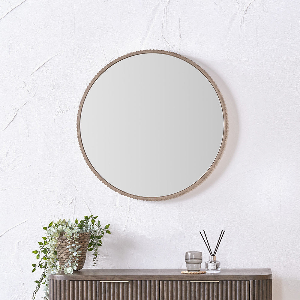 Natural Oak Wood Veneer Textured Edge Round Wall Mirror