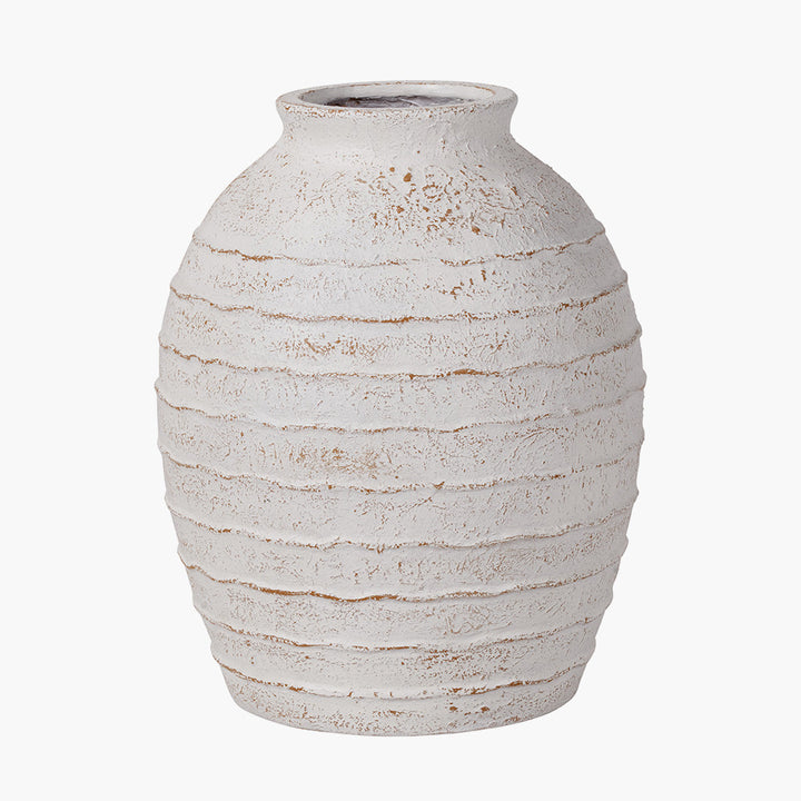 White Wash Fibrestone Decorative Ribbed Vase Large