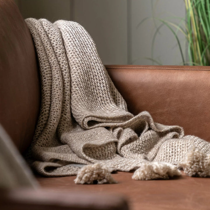 Knitted Tassel Throw Natural