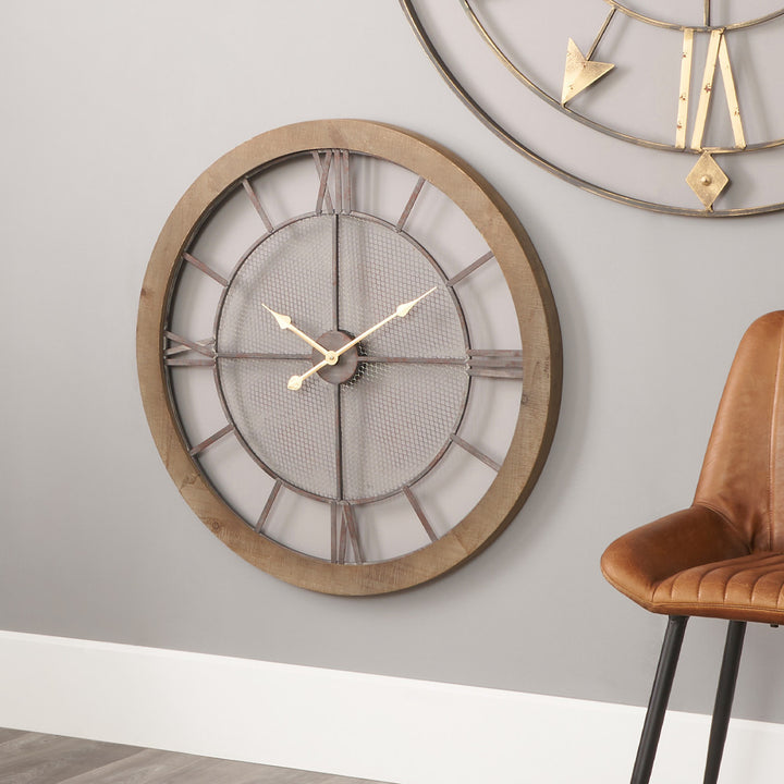 Natural Wood and Black Metal Mesh Round Wall Clock