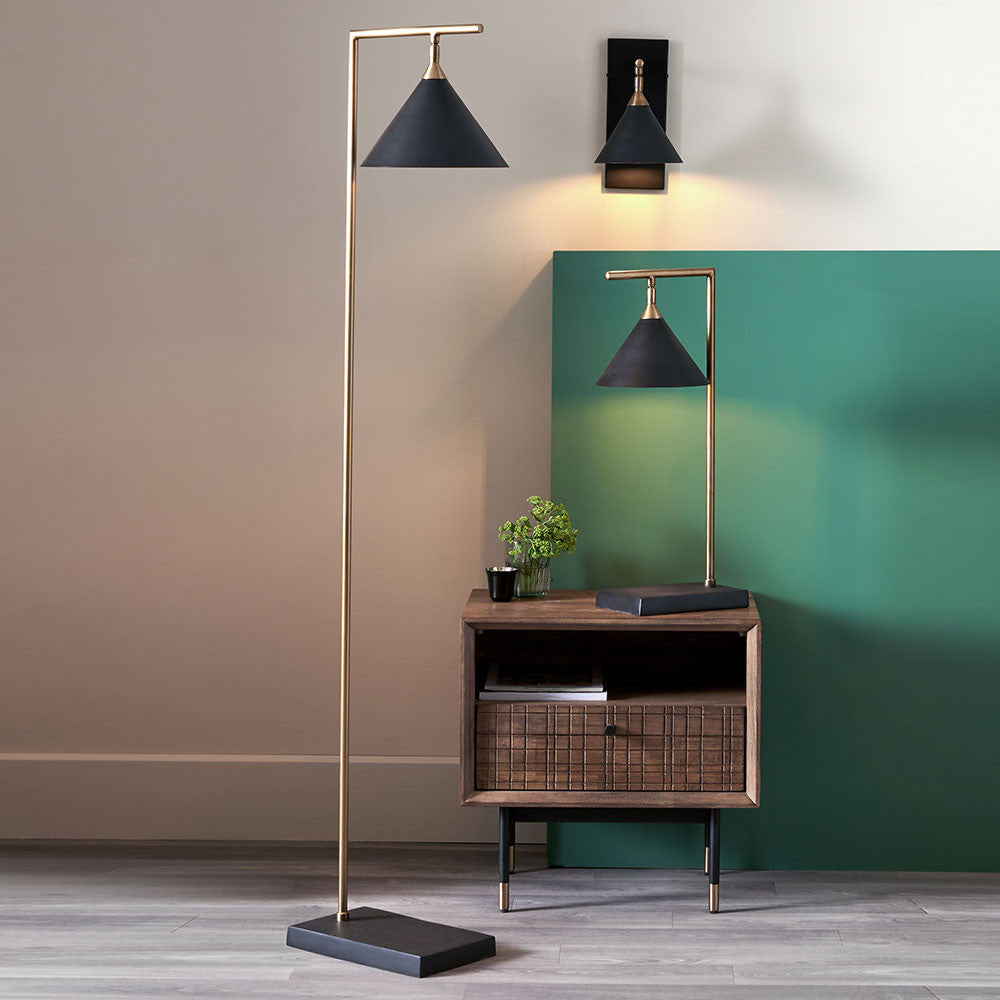 Zeta Matt Black and Antique Brass Floor Lamp