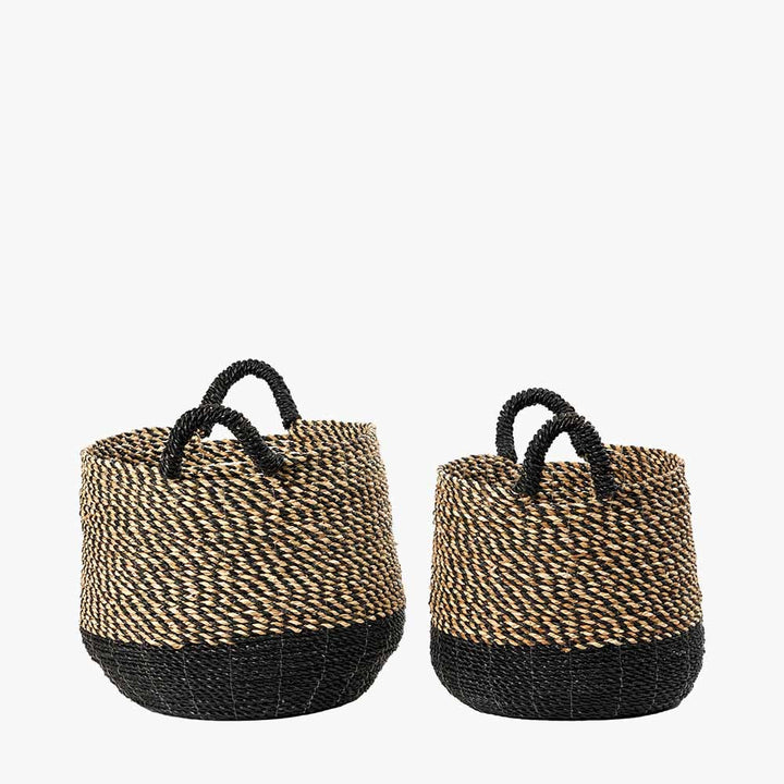 S/2 Seagrass Natural and Black Round Handled Baskets