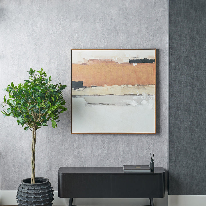 White and Terracotta Abstract Square Canvas with Oak Effect Frame