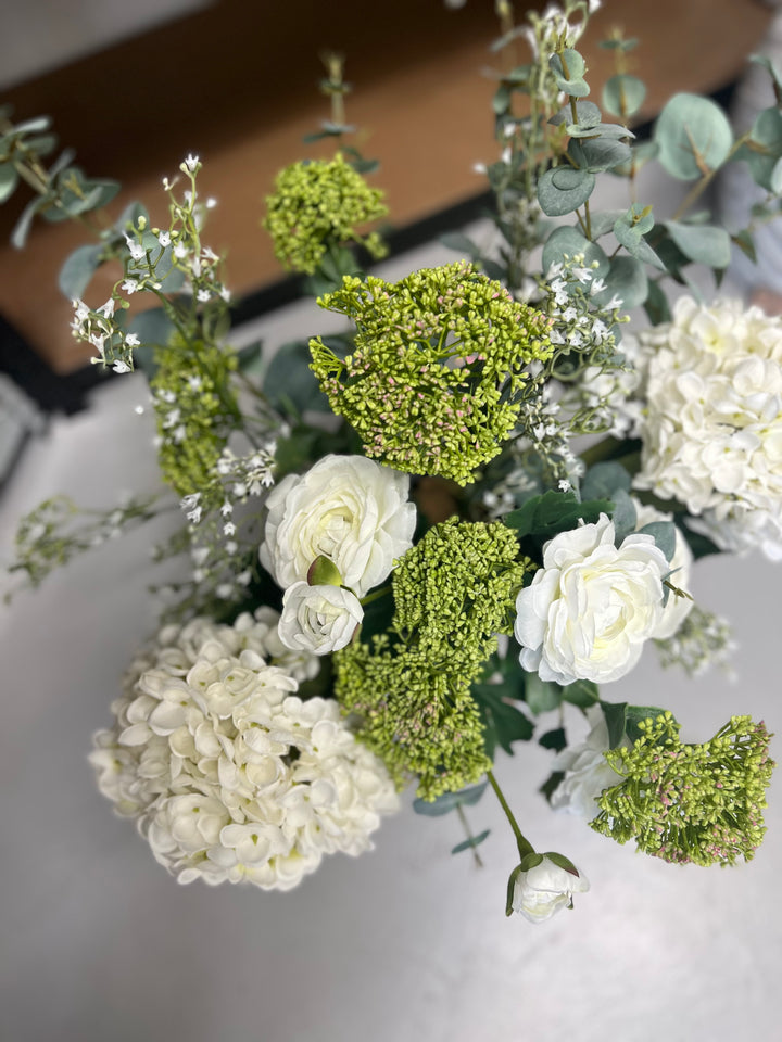 Close-up of realistic hydrangea and sedum stems in plastic-free design”