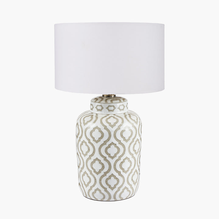 Celia Taupe and White Pattern Ceramic Table Lamp with Harry 30cm Ivory Poly Cotton Cylinder Drum Shade