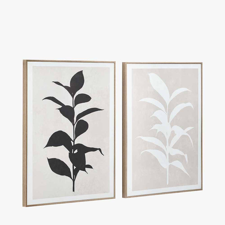 Set of 2 Natural and Black Leaf Print Canvases with Natural Frames