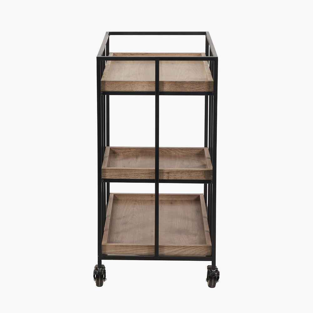 Gallery Natural Wood Veneer and Black Metal Bar Trolley