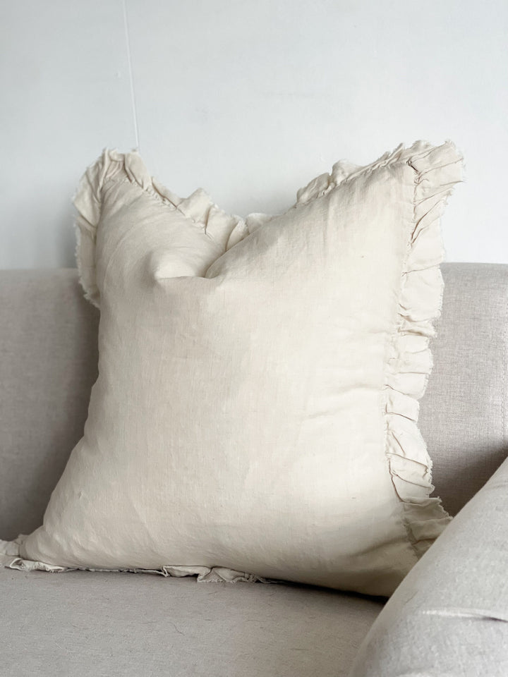 Ruffled Linen Cushion Cover 53x53 Cream