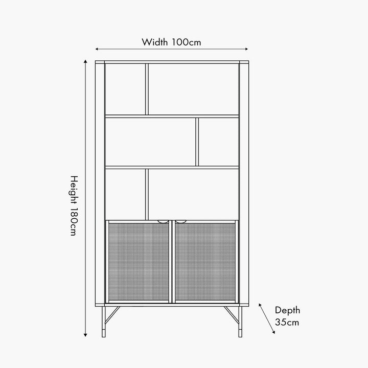 Fiji Black Acacia Wood and Natural Rattan 2 Door 6 Niche Shelf Unit