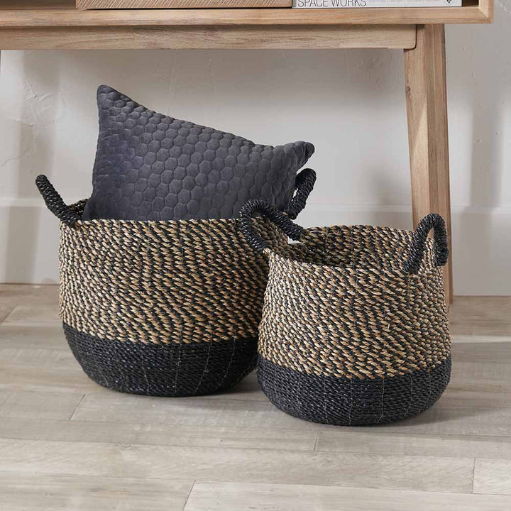 S/2 Seagrass Natural and Black Round Handled Baskets