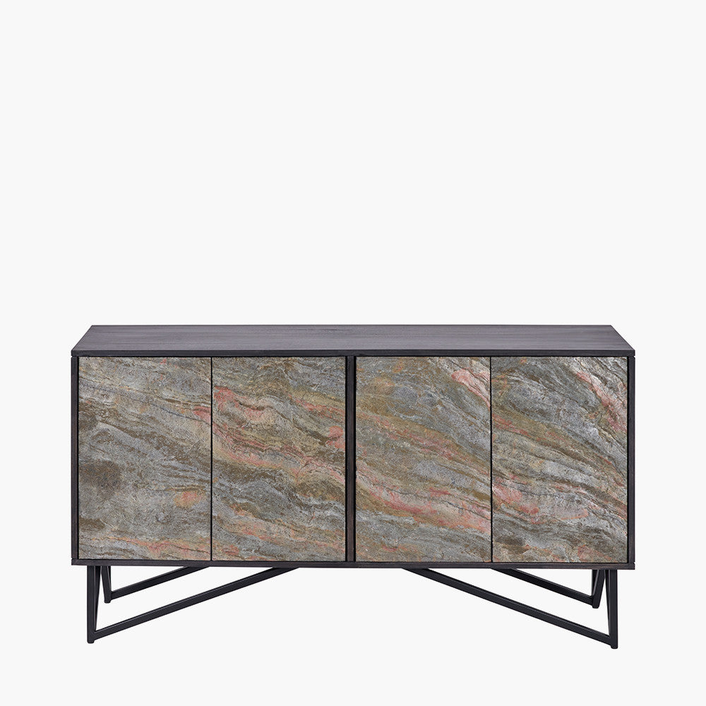 Verde Black Mango Wood and Stone Veneer 4 Door Sideboard