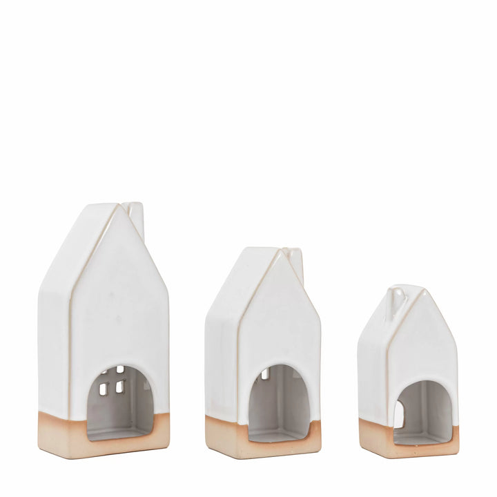 Set Of 3 White Ceramic Tealight Houses