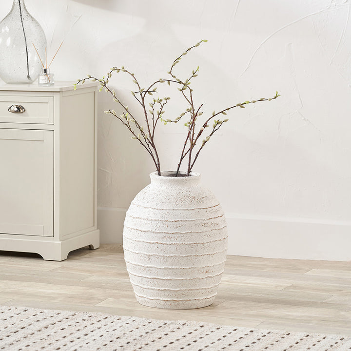 White Wash Fibrestone Decorative Ribbed Vase Large