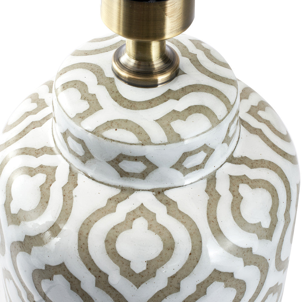 Celia Taupe and White Pattern Ceramic Table Lamp with Harry 30cm Ivory Poly Cotton Cylinder Drum Shade