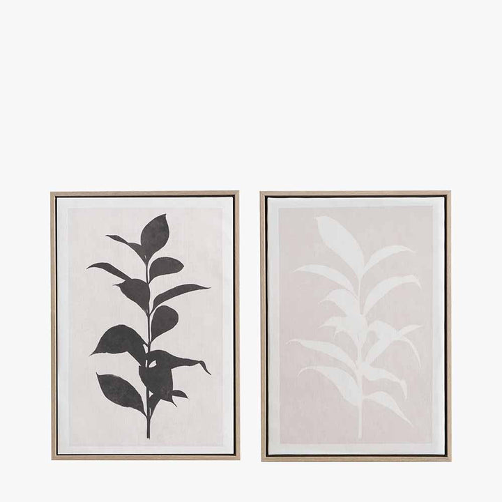 Set of 2 Natural and Black Leaf Print Canvases with Natural Frames