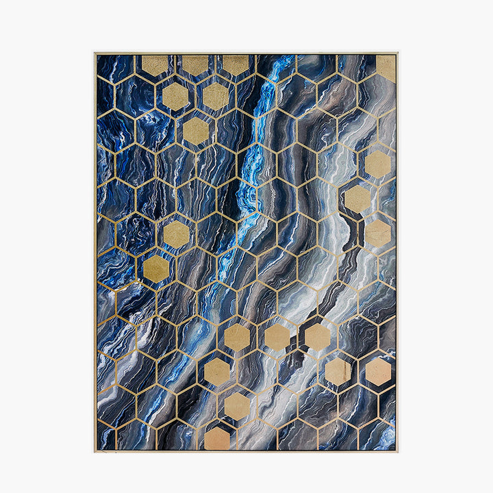 Black and Blue Marble Effect and Gold Geo Pattern Canvas